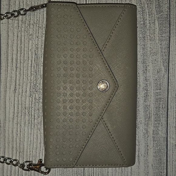 Rebecca Minkoff Leather Crossbody Envelope Chain Strap Clutch Bag Gray/Silver - Picture 2 of 14